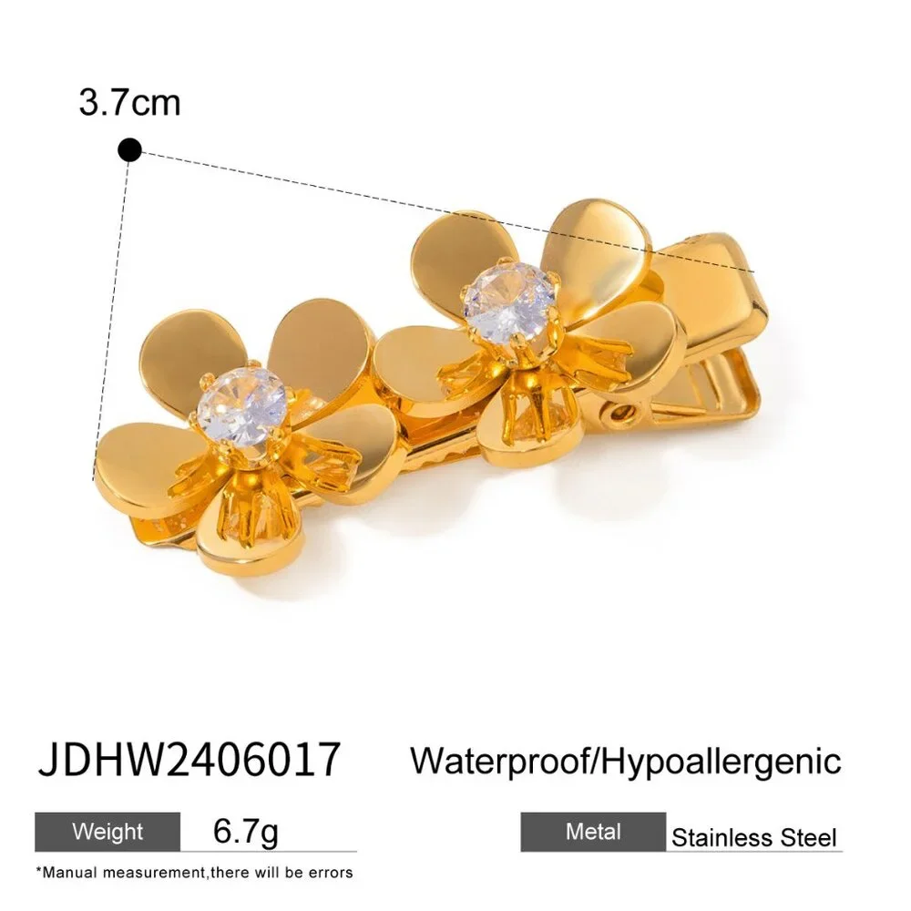 18K Gold Plated Stainless Steel Double Flower Crystal Barrett Elegant Hair Clip
